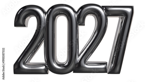 2027 number with polished silver metallic finish and sharp reflections on light grey background
