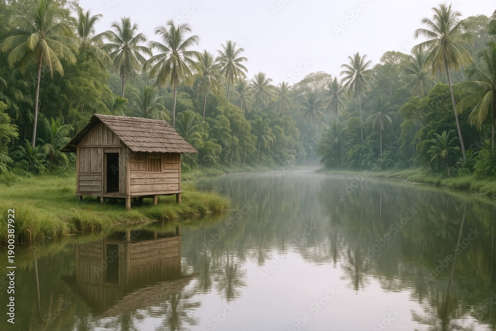 Fototapeta premium Serene Tropical Landscape with Hut Reflecting on Calm River Water, Surrounded by Palm Trees