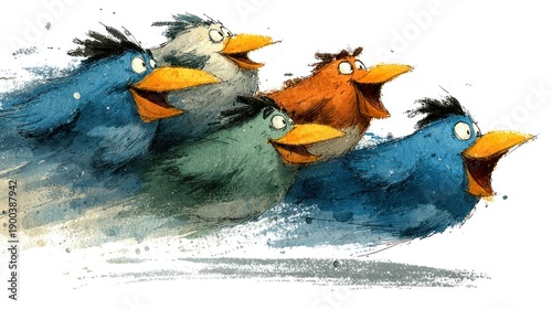 Wallpaper Mural Five cartoon birds in motion, their beaks open in a joyful, dynamic scene.  Each bird has vibrant colors and exaggerated features Torontodigital.ca