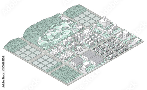 郊外の街並みのイラスト. アイソメ図で描いた都市.