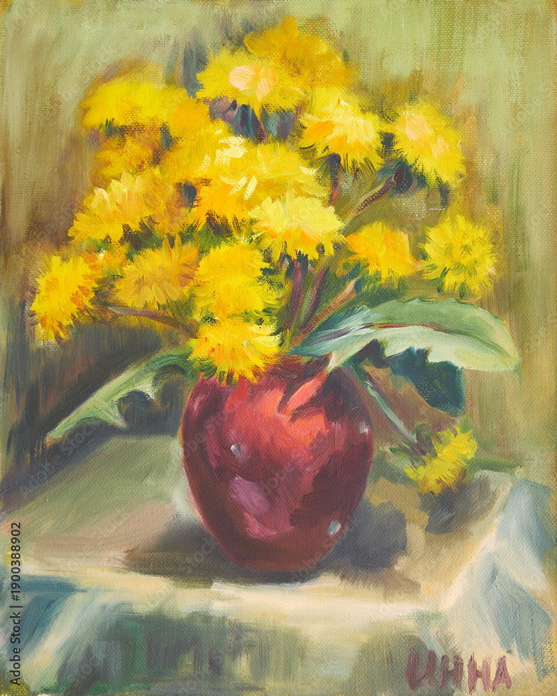 Fototapeta premium vBouquet of dandelions. Oil painting on canvas.