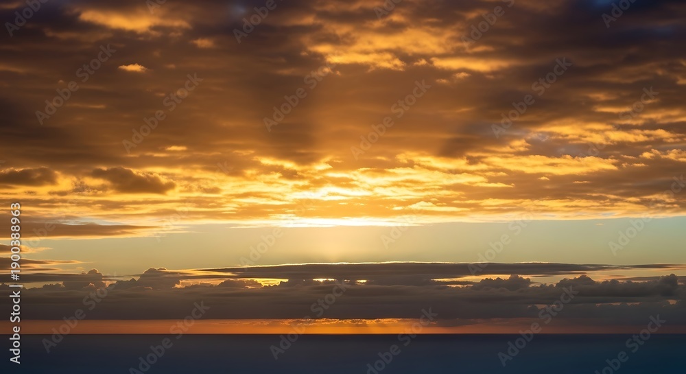 Obraz premium Vibrant sunset over a serene landscape with radiant sunlight filtering through clouds