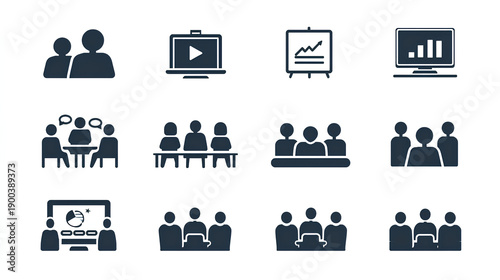 Corporate Meeting solid icon set. Contains symbols for Virtual Meeting, Webinar, Board Meeting, and Strategy Meeting. Flat vector design for corporate presentations and team collaboration. 