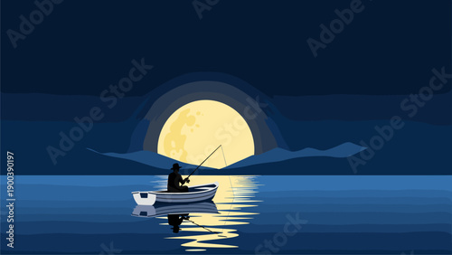 Solitary Angler Fishing Under Full Moon at Night. Boat on Calm Water with Moon Reflection