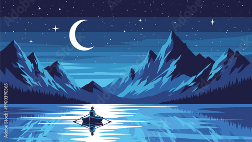 Moonlit night landscape: Solo rower on a tranquil mountain lake under a starry sky with a crescent moon, serene reflection.
