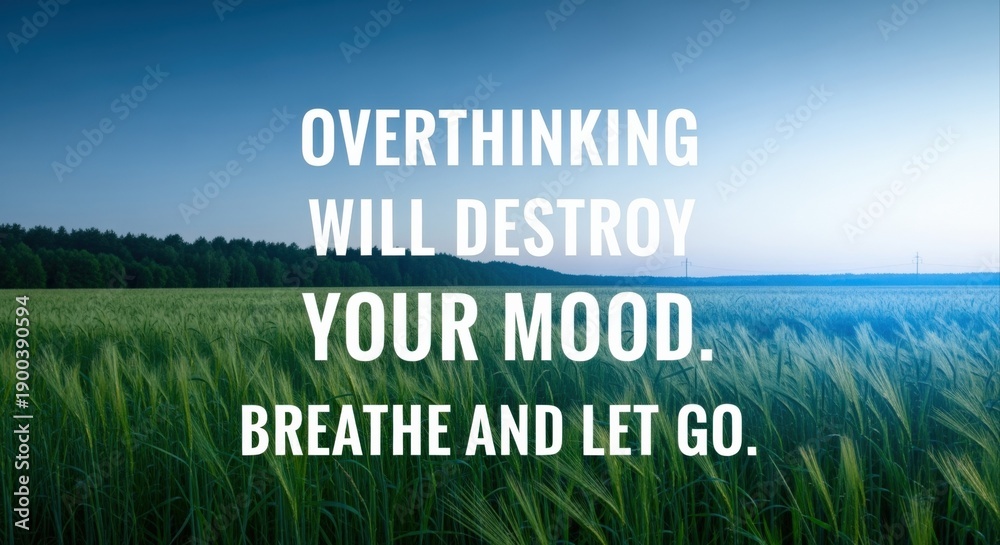 Fototapeta premium Serene Field with Inspirational Quote: Overthinking Will Destroy Your Mood, Breathe and Let Go