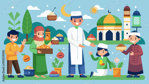 Happy Muslim Family Sharing Food and Charity During Ramadan Celebration