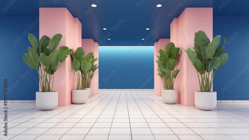Obraz premium Modern Interior with Tropical Plants: Contemporary Architectural Space with Pink Columns and Blue Walls