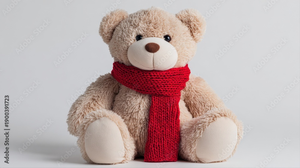 Obraz premium Adorable Teddy Bear Wearing a Red Scarf, Isolated on White Background, Studio Shot