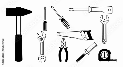 Essential Hand Tools Vector Set. DIY, Repair, and Construction Icons including Hammer, Screwdriver, Wrench, Saw, Pliers, and Measuring Tape.