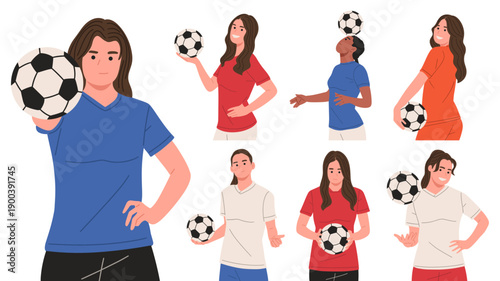 vector set of female soccer players holding and controlling a football in various poses. Suitable for football concepts, sports education, youth training, fitness content,mobile apps, websites, poster