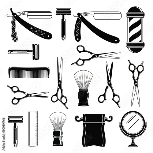 Tableau sur toile Essential collection of classic and modern barber tools featuring straight razor
