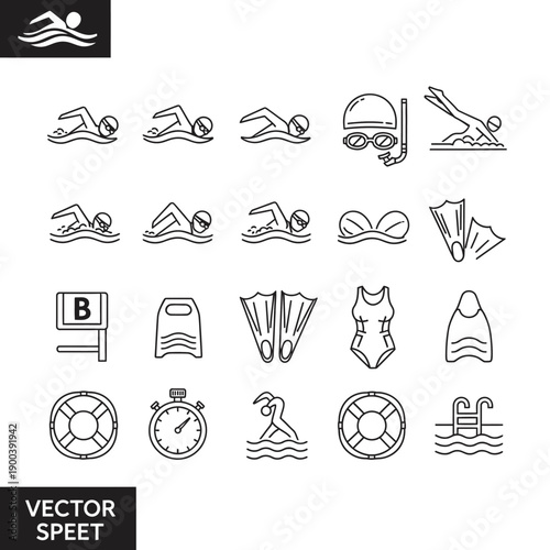Swimming icons and sports symbols.