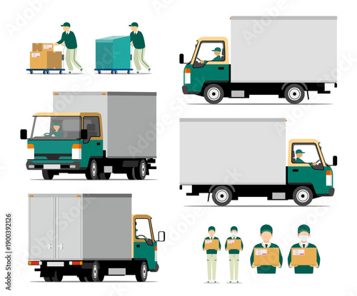 宅配便のトラックとスタッフのセット_緑