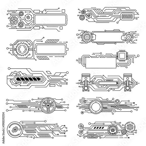 Stunning collection of futuristic heads up display elements featuring circuit boards gears and digital interface banners