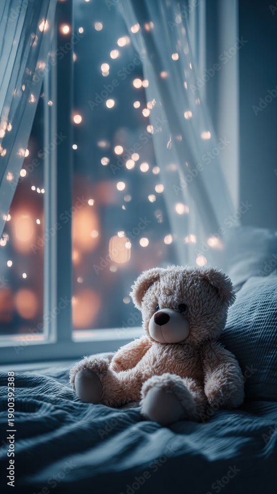 Fototapeta premium Cozy Teddy Bear Sitting on Bed Near Window with Bokeh Lights Background Nighttime Ambiance
