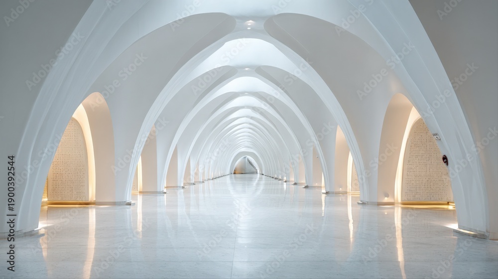 Fototapeta premium Modern architectural interior featuring a tunnel of arches, creating a bright, spacious, and visually striking corridor