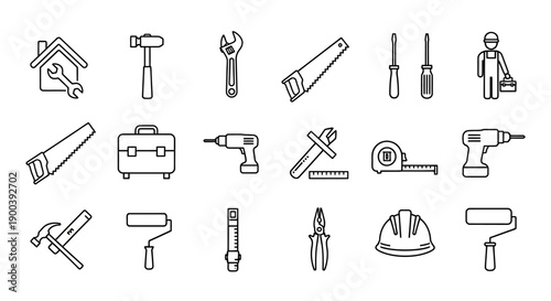 Construction Tools Outline Icons Set - Home Repair, DIY, and Maintenance Service Line Art Vector Collection including Hammer, Wrench, Saw, Drill, and Safety Gear.