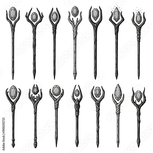 Stunning collection of twelve unique fantasy magic staffs featuring ancient wood textures and glowing mystical gems
