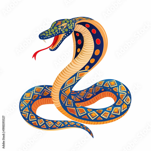 Vibrantly patterned cobra snake illustration with intricate scales and spread hood, depicting a majestic and mythical serpent design with rich blue, orange, and gold colors, showcasing artistic detail