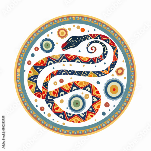 Vibrant and intricate circular design featuring a stylized serpent, inspired by traditional folk art and cultural motifs