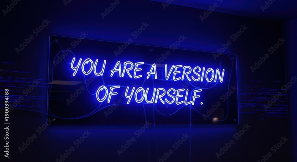 Fototapeta premium Blue Neon Sign Reads 'You Are A Version Of Yourself' On Dark Wall