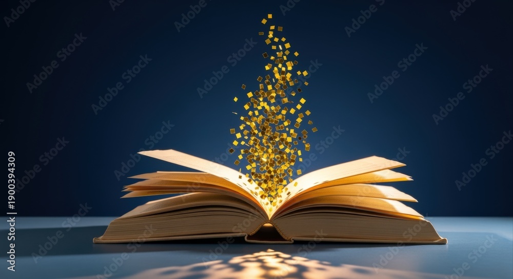 Naklejka premium Open book emitting golden particles against a dark blue background, representing knowledge, magic, imagination, or learning
