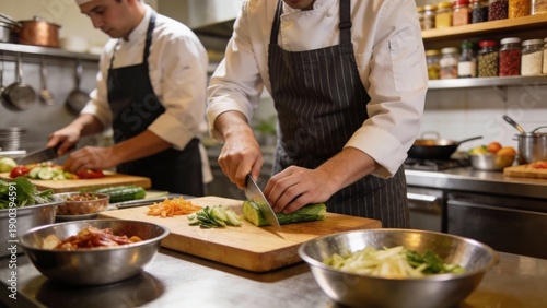 Professional chefs prepping vegetables in commercial kitchen, focused teamwork for restaurant service, culinary training and food safety workflow, busy dinner rush mood