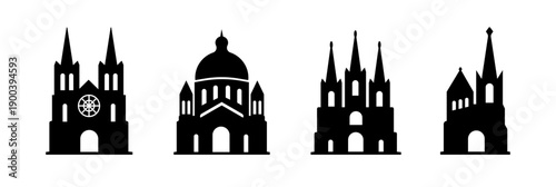 Cathedral and church silhouette icons set, gothic religious architecture
