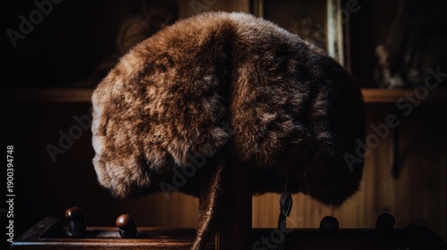 bearskin. Deep brown bearskin ushanka hat resting on a dark wooden coat rack. wildlife magazines, conservation campaigns, designed for wildlife conservation campaigns and eco-tourism storytelling.
