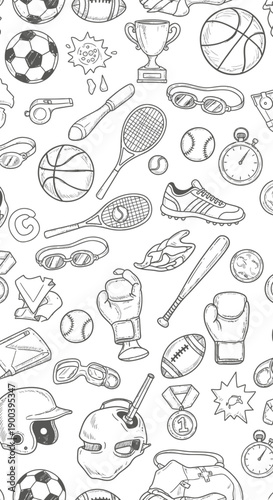 Colorful Sports Equipment Doodles, Fun Background, Illustrative Design, Playful Environment, Abstract Viewpoint