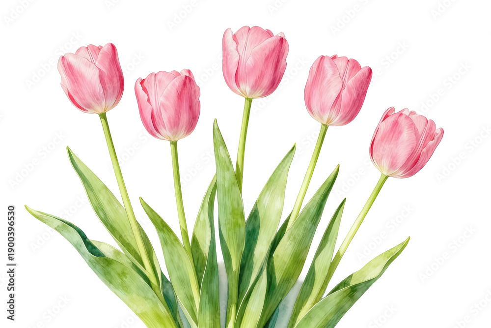 Fototapeta premium Bouquet of Pink Tulips with Green Leaves