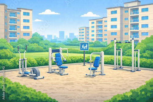 Modern apartment complex illustration with residential interiors, community facilities, and outdoor shared spaces