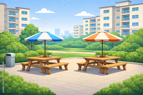 Modern apartment complex illustration with residential interiors, community facilities, and outdoor shared spaces