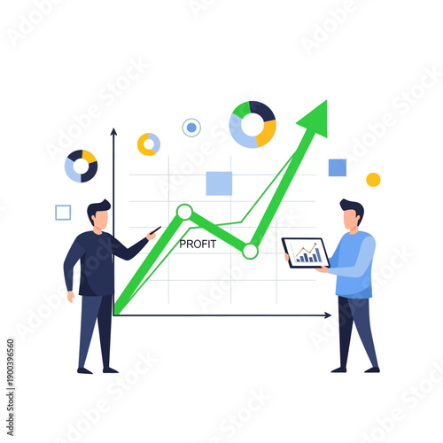 Business growth chart with people analyzing profit and data on tablet, stock market analysis
