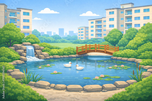 Modern apartment complex illustration with residential interiors, community facilities, and outdoor shared spaces