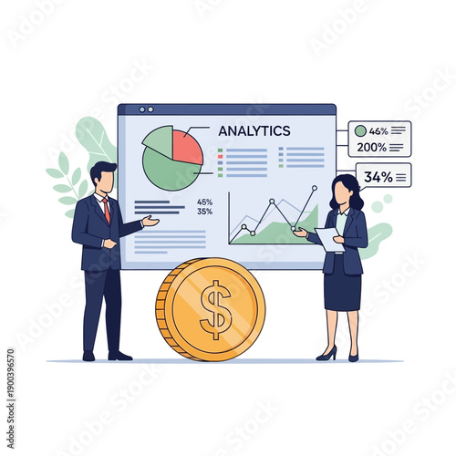 Business Analytics: Team Discussing Financial Data on Screen with Dollar Coin