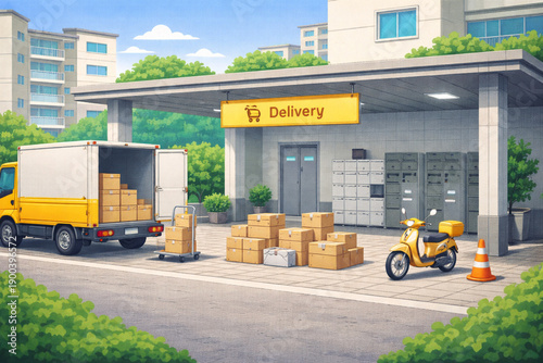 Modern apartment complex illustration with residential interiors, community facilities, and outdoor shared spaces