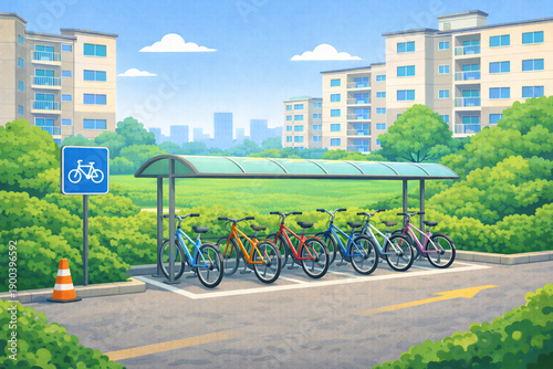 Modern apartment complex illustration with residential interiors, community facilities, and outdoor shared spaces