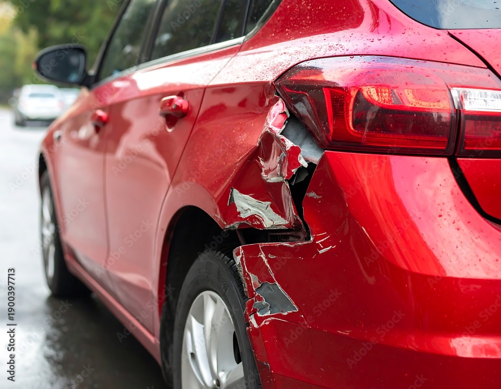 Fototapeta premium Close-up of a damaged red car's rear, showing significant collision damage and paint scratches