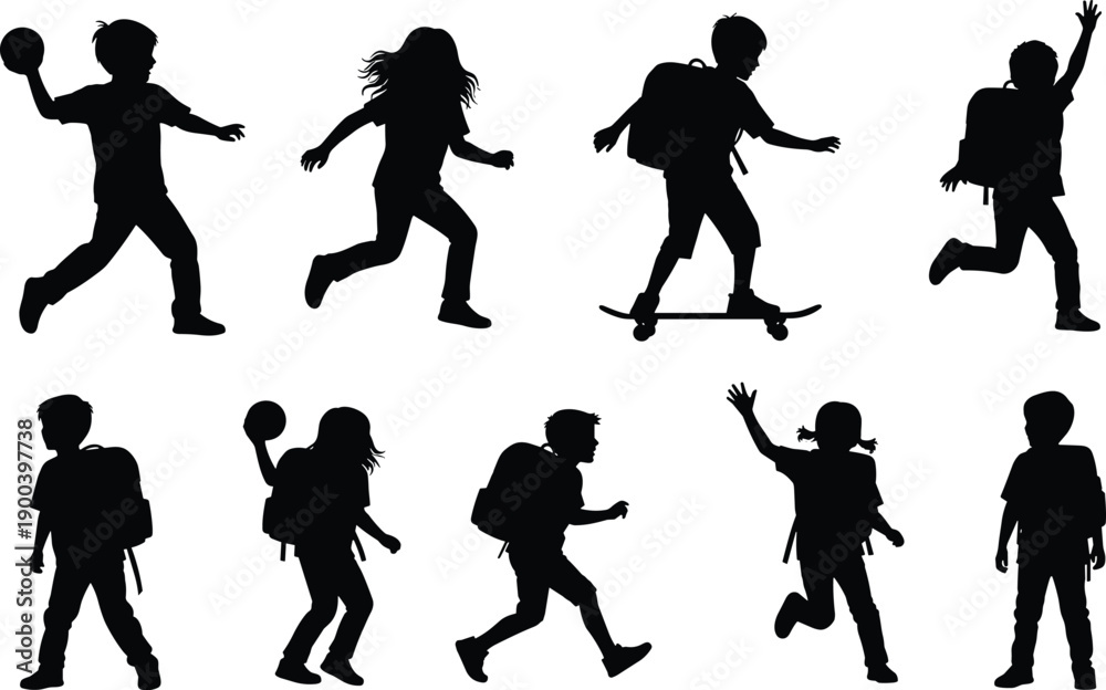 Fototapeta premium School children active lifestyle silhouette set, kids running, jumping, skateboarding and playing ball in black vector illustration for education, fitness, youth, activity concepts