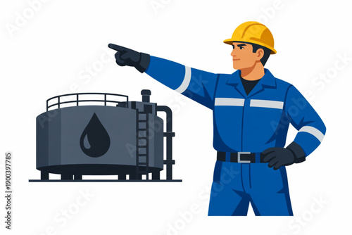 Industrial worker in blue uniform pointing towards an oil storage tank with a drop symbol