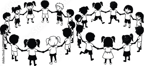 Children holding hands in circle silhouette illustration, diverse kids teamwork and friendship concept, black vector design for education, unity, community, social development themes