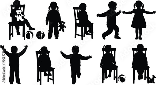 Children silhouette set of kids sitting and playing on chairs, black vector illustration for education, parenting, daycare, activity, behavior concepts creative design collection
