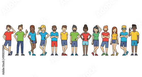 Cute cartoon fruits holding hands, including apple, banana, kiwi, grapes, strawberry, lime, watermelon, and pineapple, on a white background.