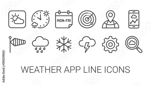 Set of 12 minimalist weather app line icons featuring weather widget, hourly and weekly forecast, radar, map location, mobile app UI, windsock, rain, snowflake, storm, search, and gear settings.