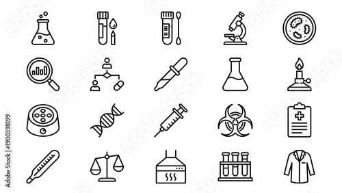 Professional set of 20 laboratory and medical testing line icons featuring microscope, DNA helix, syringe, test tubes, petri dish, biohazard symbol, and equipment for scientific research.