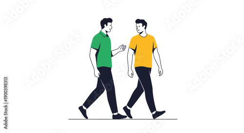 Two men walking side by side, engaged in conversation, depicted in a minimalist flat design style.