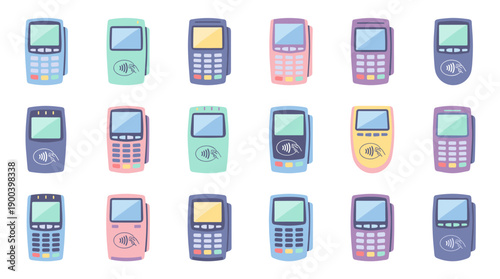 Vector icon set of contactless credit card readers and POS terminals in a flat design style with a pastel color palette. Collection of electronic payment devices for retail and business commerce.