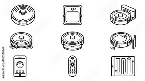 Minimalist Vector Icon Set of Robotic Vacuum Cleaners and Smart Home Cleaning Technology, Featuring Line Art Illustrations of Automatic Sweepers, Remote Controls, Mobile Apps, and Navigation Paths.